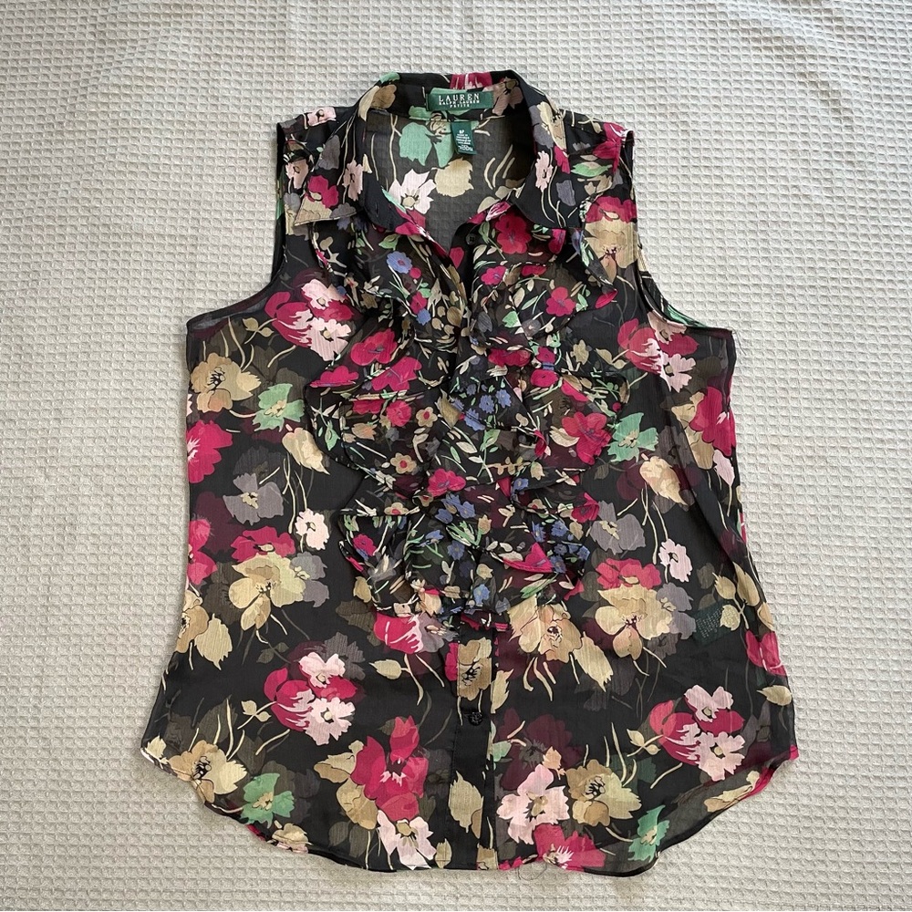 Lauren Ralph Lauren Blouse‎ 8P Women’s Sleeveless Sheer Floral Ruffle Button Up